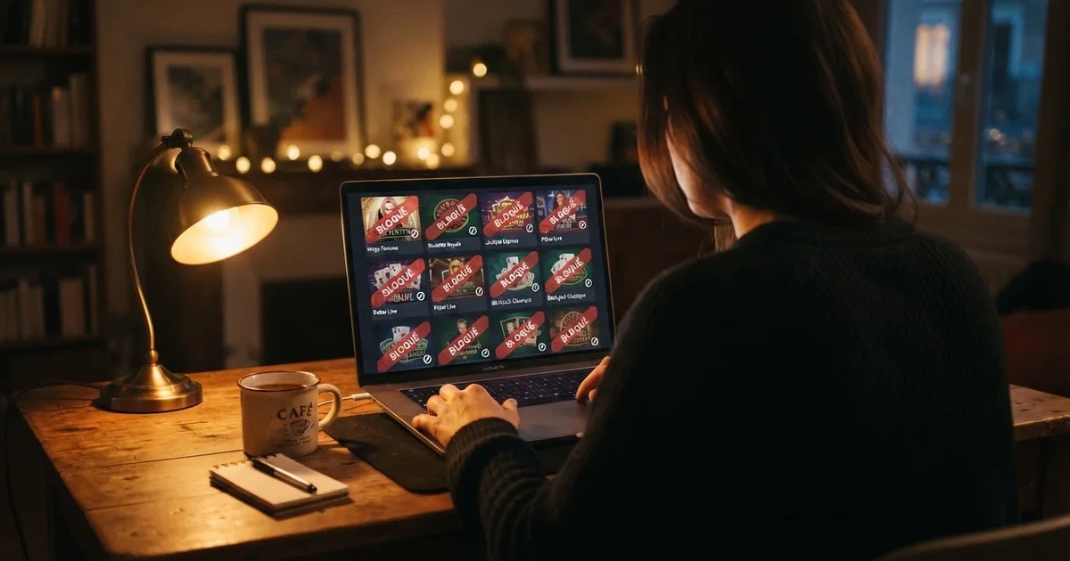 a French player looking at a screen listing several offshore casino brand logos crossed out with a « blocked » ribbon