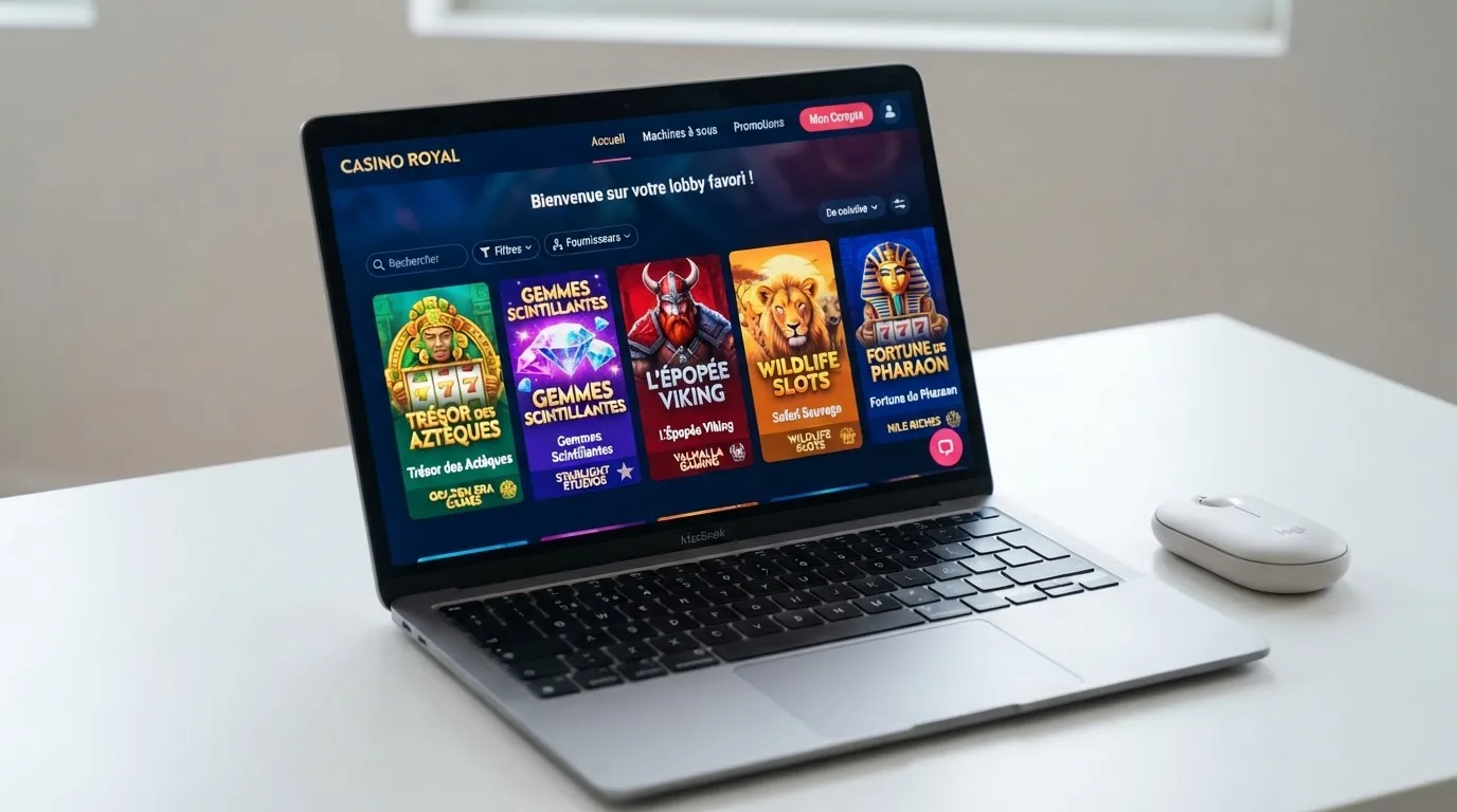 a row of slot-game thumbnail tiles representing different game studios on a casino lobby screen