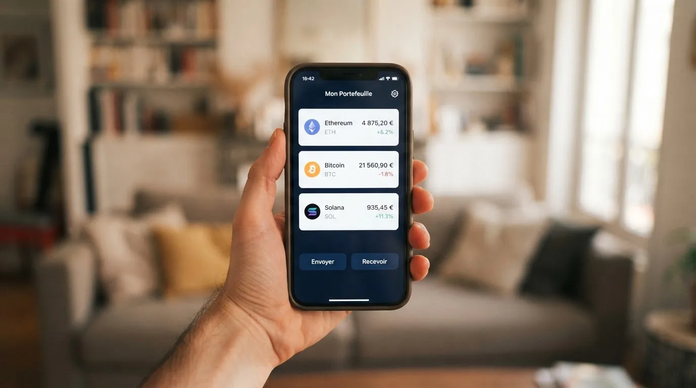 a crypto wallet app screen showing several coin balances (Bitcoin, Ethereum, a stablecoin) side by side